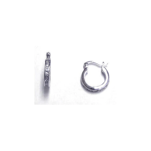 Silver Rhodium Plated Channel Clear CZ hugged hoop Earrings - 10MM
