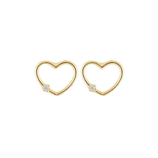 Yellow Gold Heart Stud Earrings set with one CZ , 18k