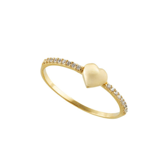 Yellow Gold Ring with one Heart and  Cubic Zirconia on shoulders, 18k
