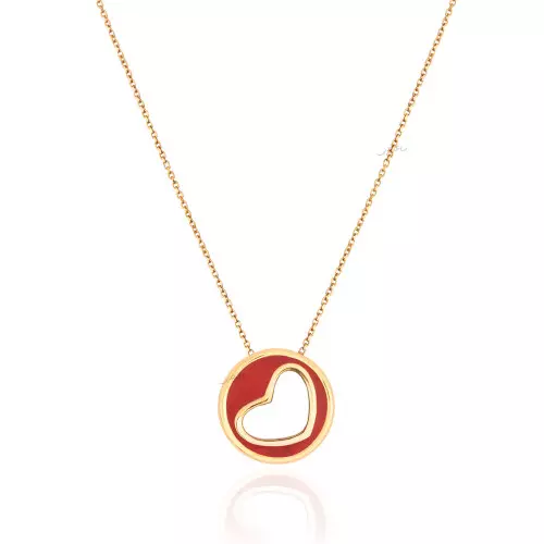 Yellow Gold necklace with heart setting with red Enamel 18k  5.4 gr 16 to 18 Inches Adjustable
