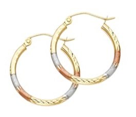 14k Tri Color Gold 2mm Thickness Tube Hoop Earrings. 14k, 1.4gr, 20 mm