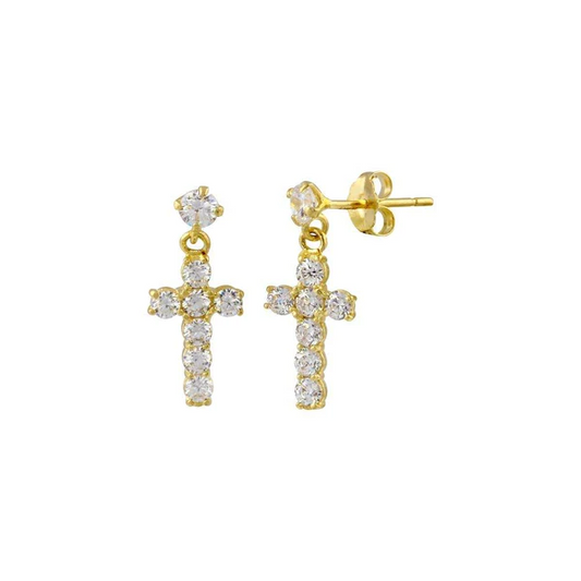 Yellow Gold Dangling Cross CZ Stud Earrings