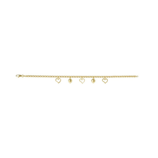 Yellow Gold Charm Bracelet with Five Hearts, 18k, 7 1/2 Inches,4.94gr