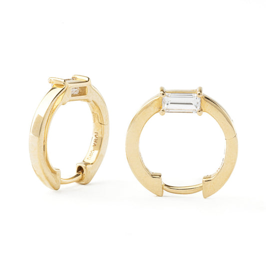 Yellow Gold Hoop Earrings setting with one Diamond in Baguette cut on the side, TDW: 0.14ct, SI, GH, 14k
