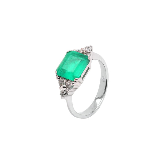 18K White Gold Emerald Cut Natural Emerald and Diamond Ring
