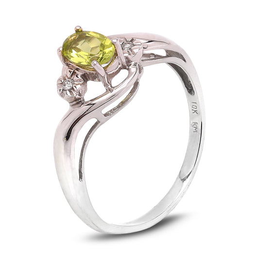 White Gold Oval Peridot and Diamond Ring. 10k, P: 0.40ct, TDW: 0.02ct