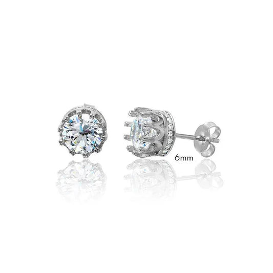 Rhodium Plated 925 Sterling Silver Round Crown Basket Clear CZ Stud Earrings