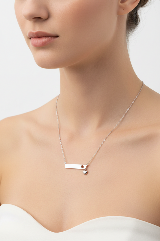 925 Sterling Silver Rhodium Plated Bar Pendant Necklace with Heart Charm