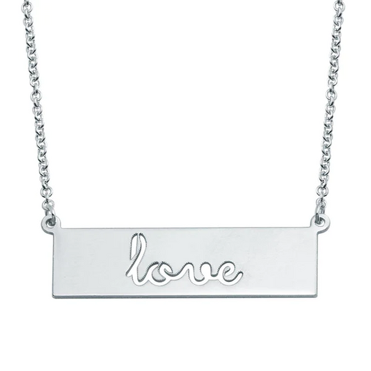 Silver Rhodium Plated Love Engraved Bar Necklace