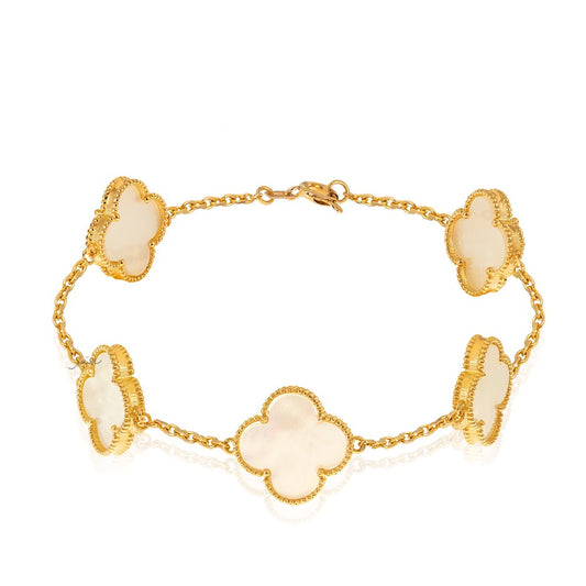 Yellow Gold Mother Of Pearl Clover Bracelet Total W: 10.95 gr, 18 K