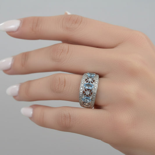 14k White Gold Blue Topaz Diamond Band Ring