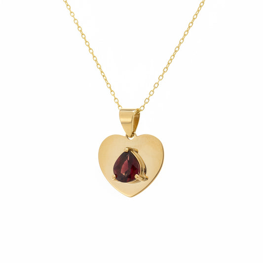 18K Yellow Gold Garnet Heart Pendant Necklace