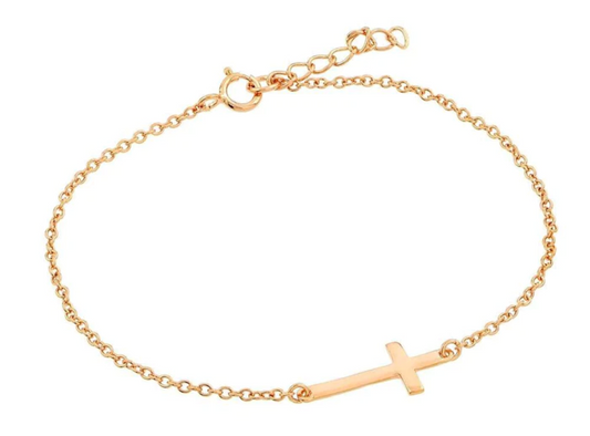 Sterling Silver Rose Gold Plated Sterling Silver Sideways Cross Bracelet