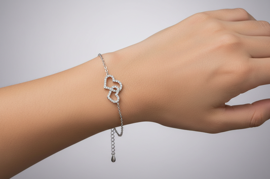 Silver 925 Rhodium-Plated Clear CZ Open Hearts Bracelet