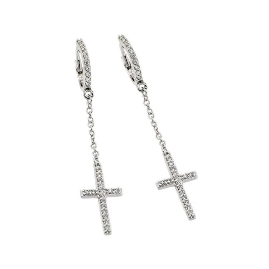 Silver Rhodium Plated Round Cross Clear CZ Wire Dangling huggie hoop Earrings