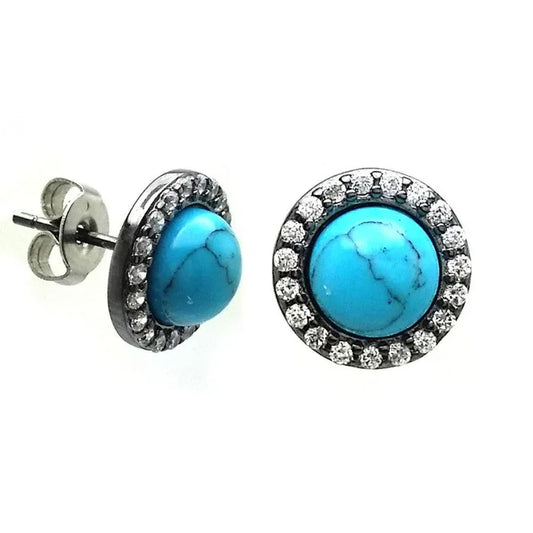 Silver 925 Black Rhodium Plated Round Clear CZ Turquoise Center Stud Earrings