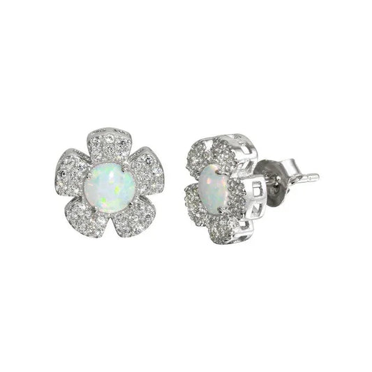 Rhodium Plated 925 Sterling Silver CZ and Synthetic Flower Stud Earrings