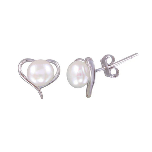 Rhodium Plated 925 Sterling Silver Heart Stud Earrings with Synthetic Pearl
