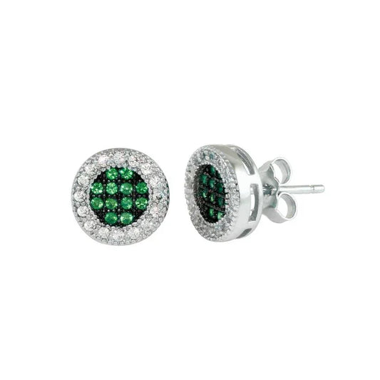 Rhodium Plated 925 Sterling Silver Clear and Green CZ Halo Stud Earrings