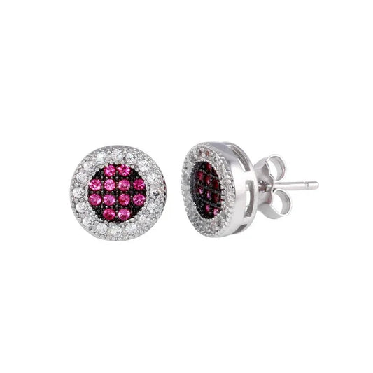 Rhodium Plated 925 Sterling Silver Clear and Red CZ Halo Stud Earrings