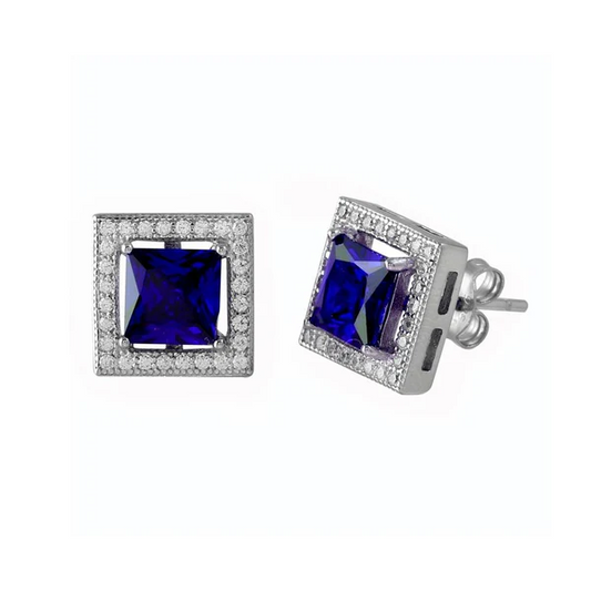 Sterling Silver Stud Earring setting with Princes Cut Blu Cubic Zirconia