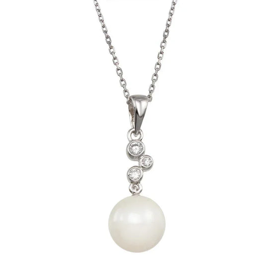 925 Sterling Silver Rhodium Plated Synthetic Pearl CZ Drop Necklace