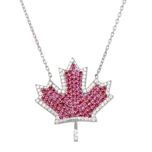 925 Sterling Silver Rhodium Plated Maple Leaf Pendant Necklace with CZ