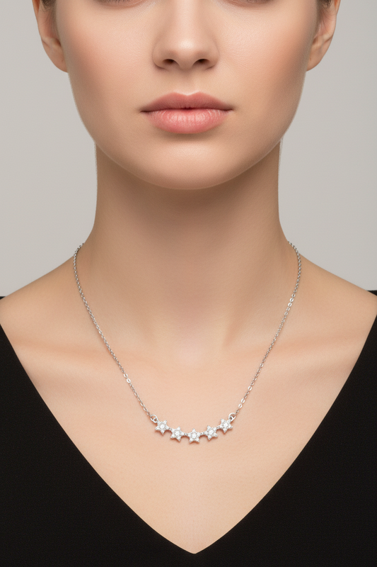 925 Sterling Silver Rhodium Plated 5 Star Curve Necklace with CZ