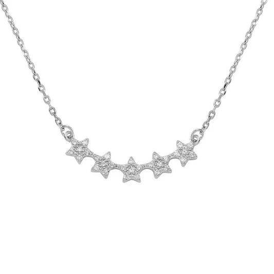 925 Sterling Silver Rhodium Plated 5 Star Curve Necklace with CZ
