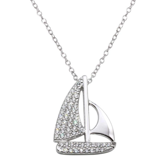 Rhodium Plated 925 Sterling Silver CZ Sailboat Necklace