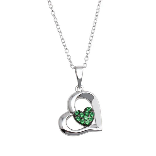 925 Sterling Silver Rhodium Plated Heart Pendant Necklace with Green CZ, 16-18inch