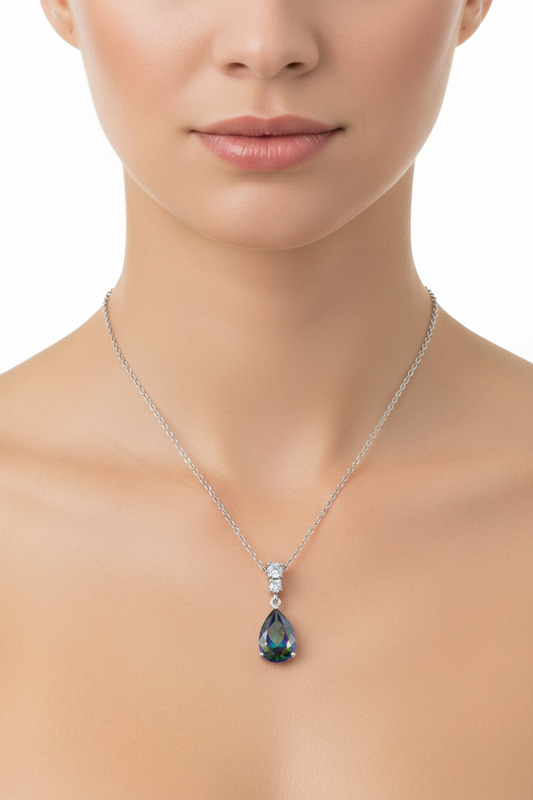 Rhodium Plated 925 Sterling Silver Synthetic Mystic Topaz Teardrop CZ Necklace