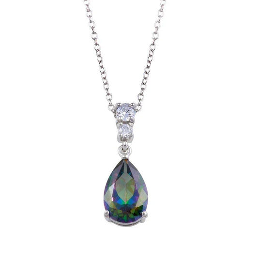 Rhodium Plated 925 Sterling Silver Synthetic Mystic Topaz Teardrop CZ Necklace
