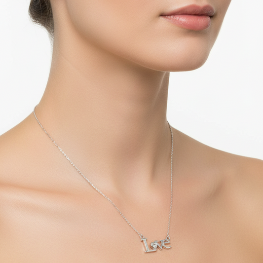 Sterling Silver Rhodium-Plated CZ LOVE Necklace