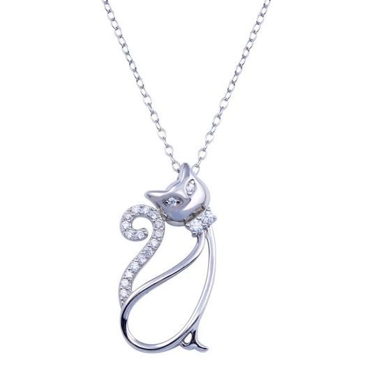 Silver Rhodium Plated Clear CZ Cat Necklace