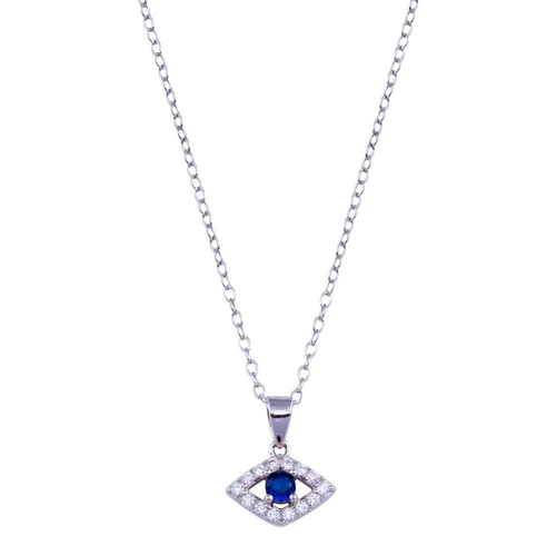Silver 925 Rhodium Plated Clear and Blue CZ Evil Eye Necklace