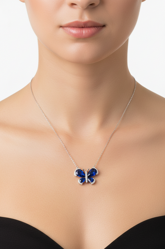 Rhodium Plated 925 Sterling Silver Butterfly Clear and Blue CZ Necklace