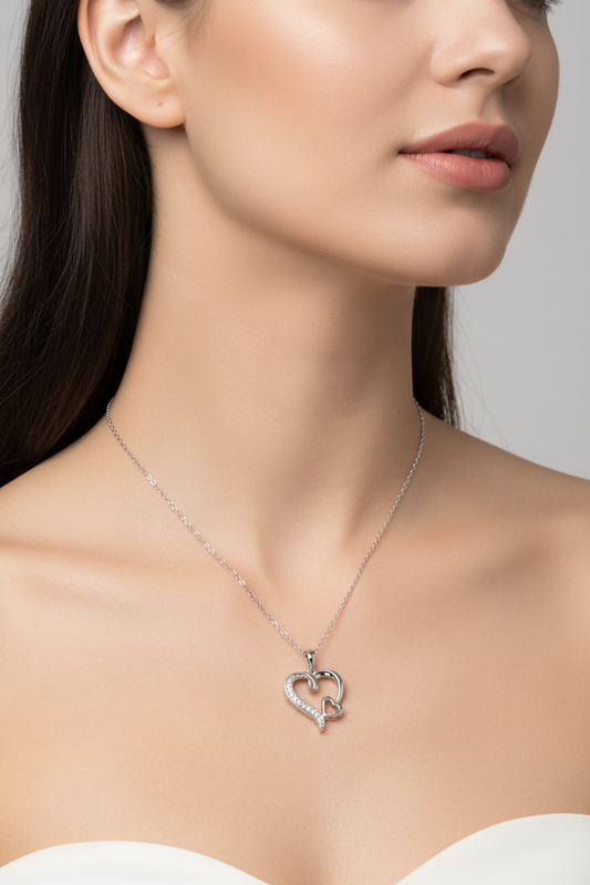 Rhodium Plated 925 Sterling Silver Double Heart CZ Necklace
