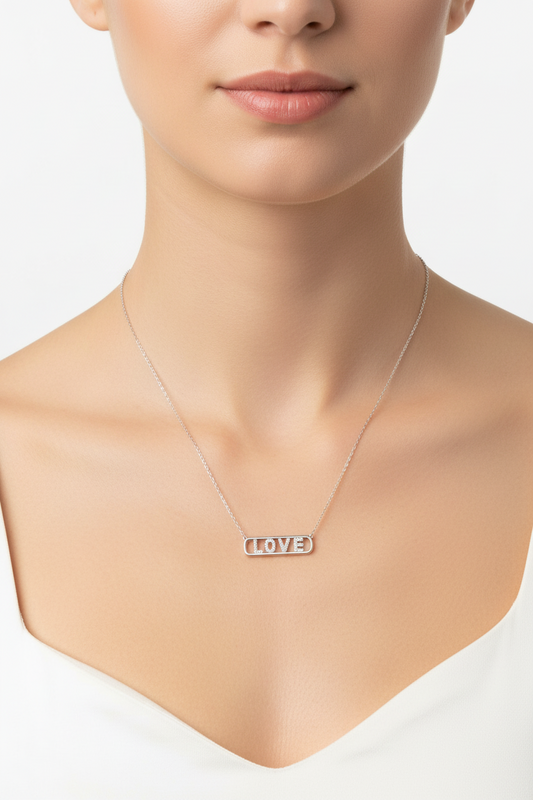 925 Sterling Silver Rhodium Plated Clear Love Pendant Necklace