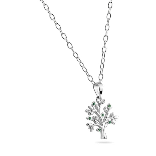 925 Sterling Silver Rhodium Plated   Green and Clear Tree Pendant Necklace