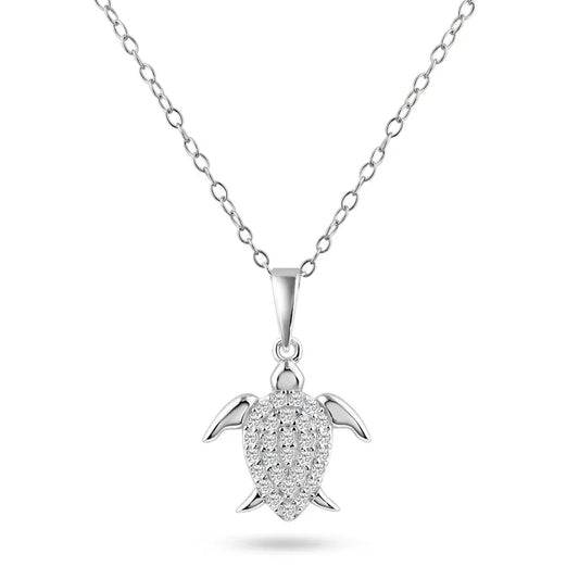 925 Sterling Silver Rhodium Plated Turtle Clear CZ Pendant Necklace