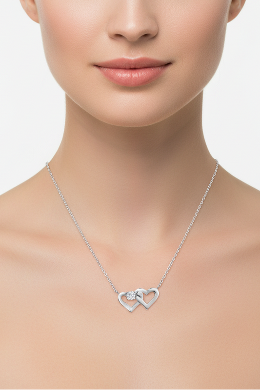 Rhodium Plated 925 Sterling Silver Twin Hearts Clear CZ Pendant Necklace