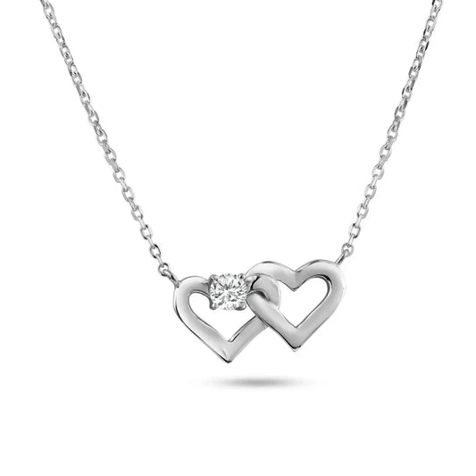 Rhodium Plated 925 Sterling Silver Twin Hearts Clear CZ Pendant Necklace