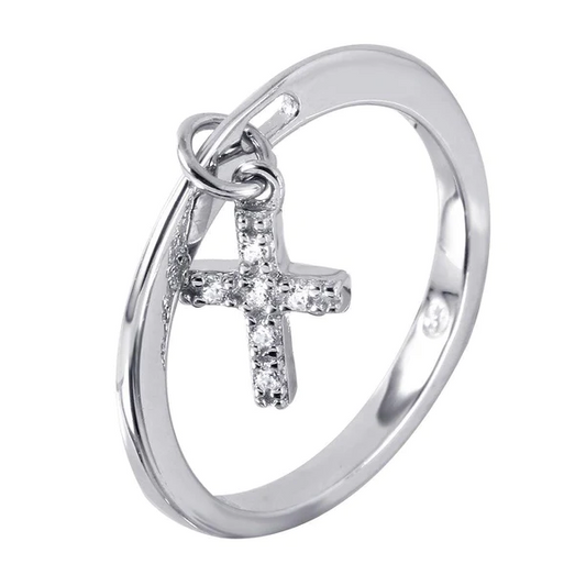 Silver Rhodium-Plated Ring with one Dangling Cross