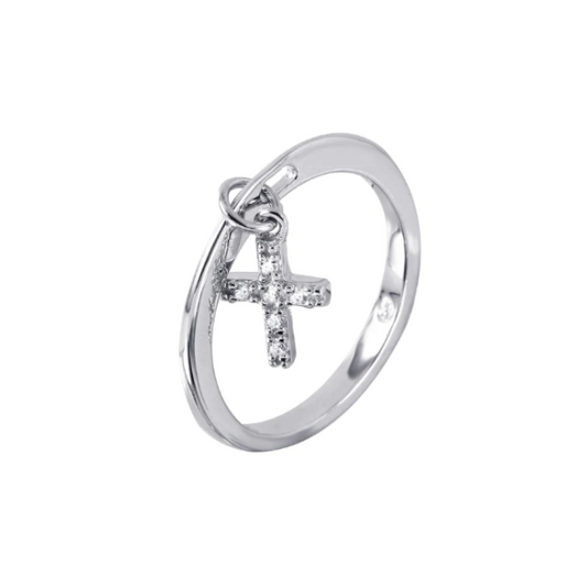 925 Sterling Silver Rhodium-Plated Charm Cross Ring