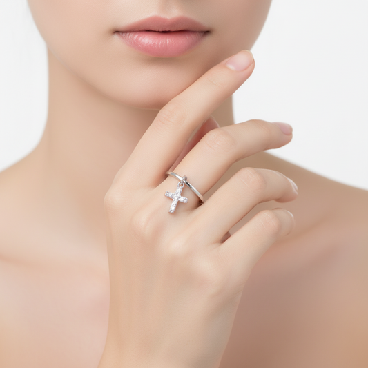 925 Sterling Silver Rhodium-Plated Charm Cross Ring