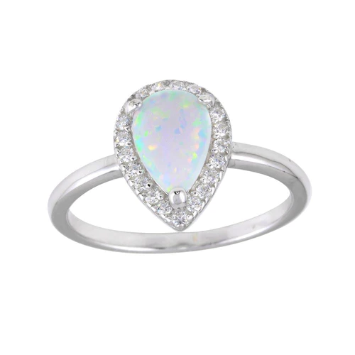 Silver 925 Rhodium Plated Teardrop Synthetic Opal CZ Ring