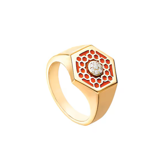 18k Yellow Gold Birks Bee Chic Hexagon Signet Ring - Resale