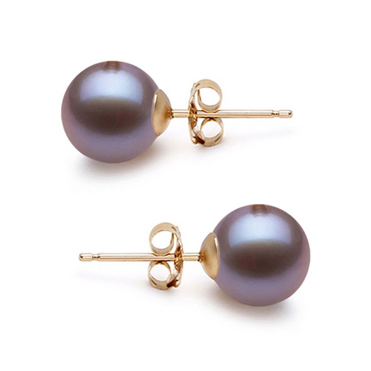 Yellow Gold Stud Earring with Black Pearls, 7mm. 14k