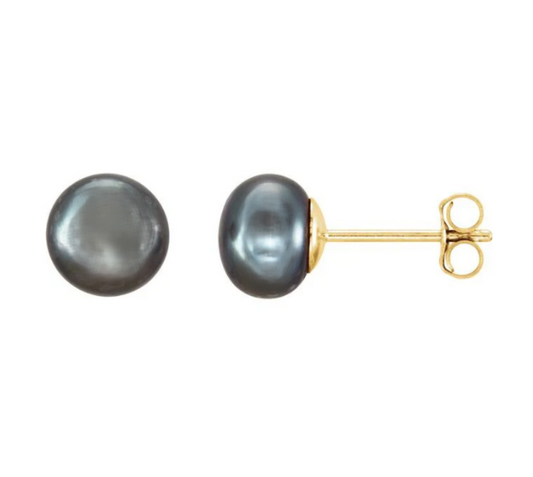 Yellow Gold Black Pearl Stud Earrings. 6.5mm 14k